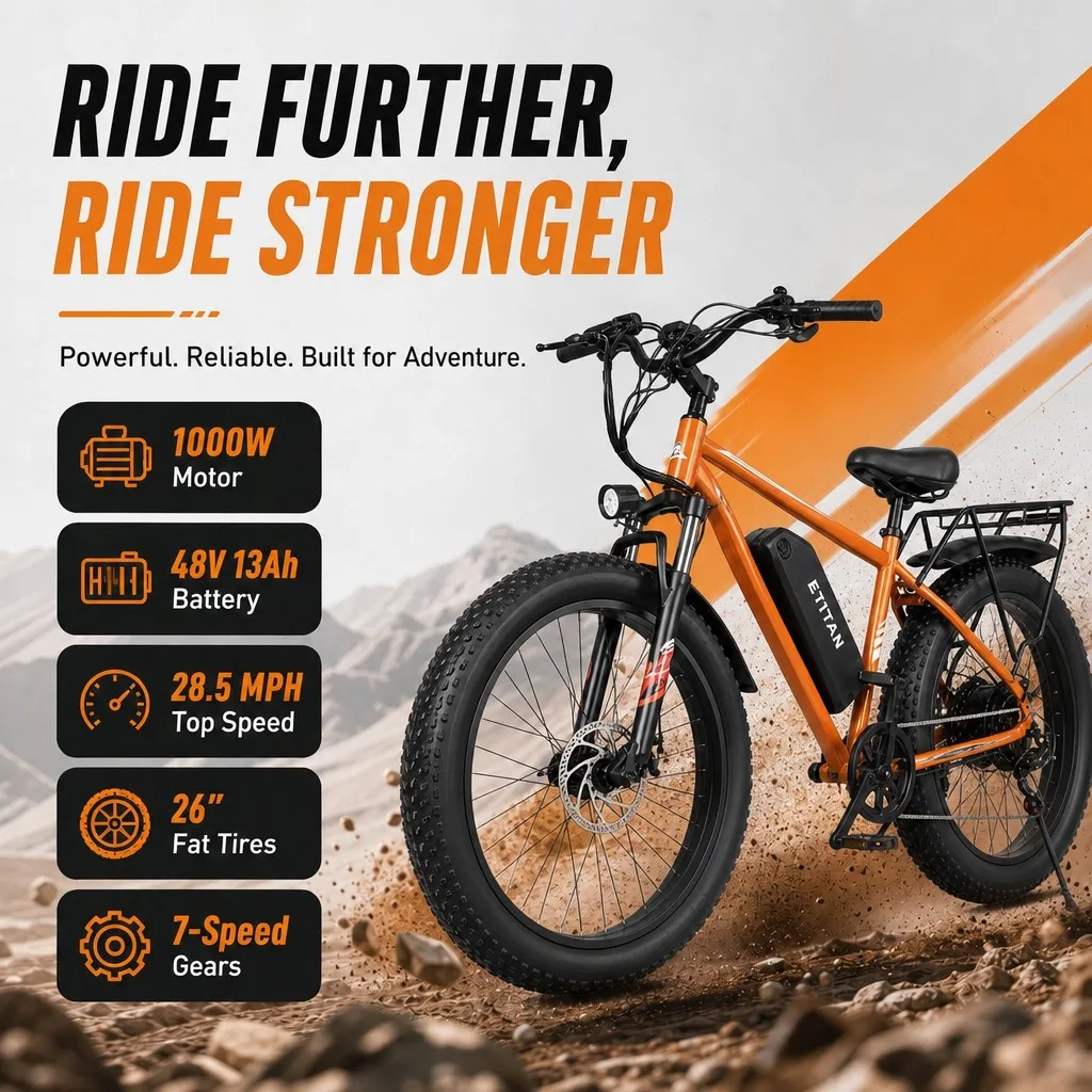 Adult Fat Tire Electric Bike 1000W Peak Motor 26 Inch 4.0