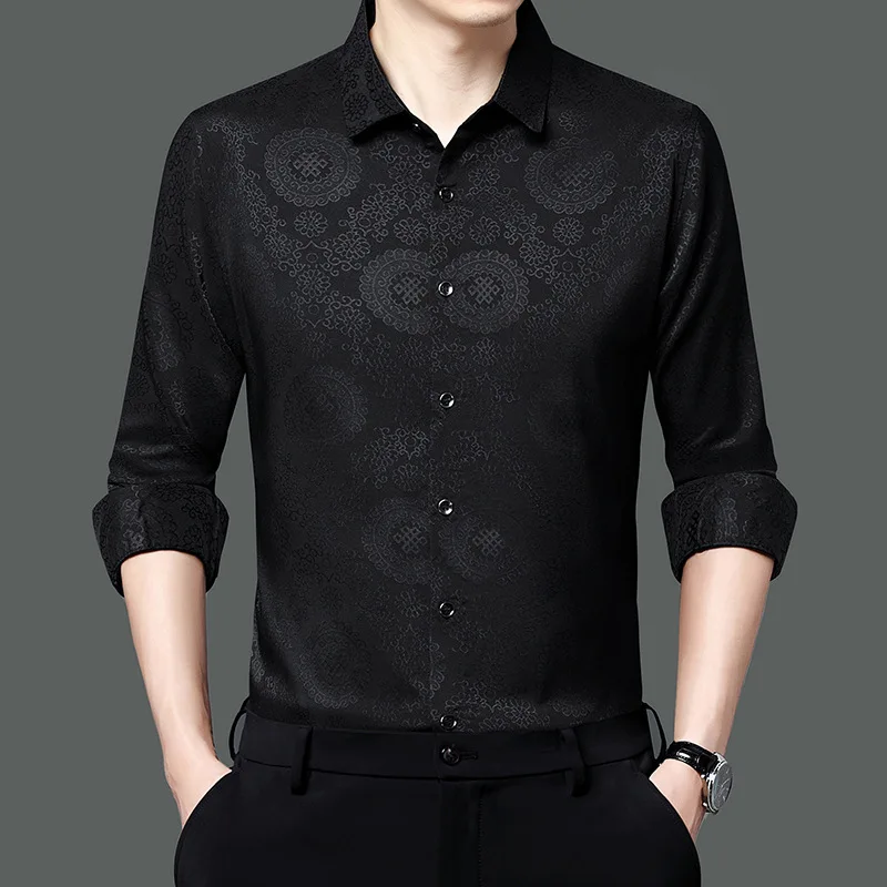 

Luxury Jacquard Black Shirt For Men Slim Fit Long Sleeve High Quality Shirt Men Stylish Wedding Party Banquet Prom Chemise Homme