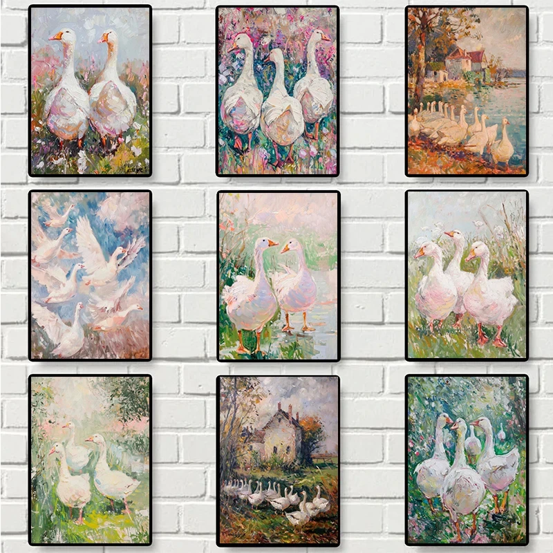 خمر طبيعة مزرعة لطيف بطة بيضاء الملصقات والمطبوعات قماش الطباعة جدار صورة فنية لغرفة المعيشة ديكور المنزل الهدايا #1