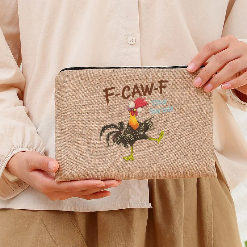 2025 New F-Caw-F Funny Chicken F Caw F Rooster Meme Women Linen Makeup Bag Linen Cosmetics Bag Party Gift Mother Girlfriend
