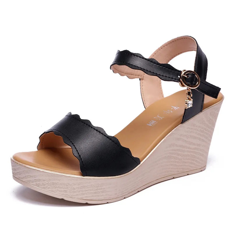 High quality summer wedge leather sandals for women 8cm high heel 2024 size 33 34 42 43 platform open toe elegant shoe black red