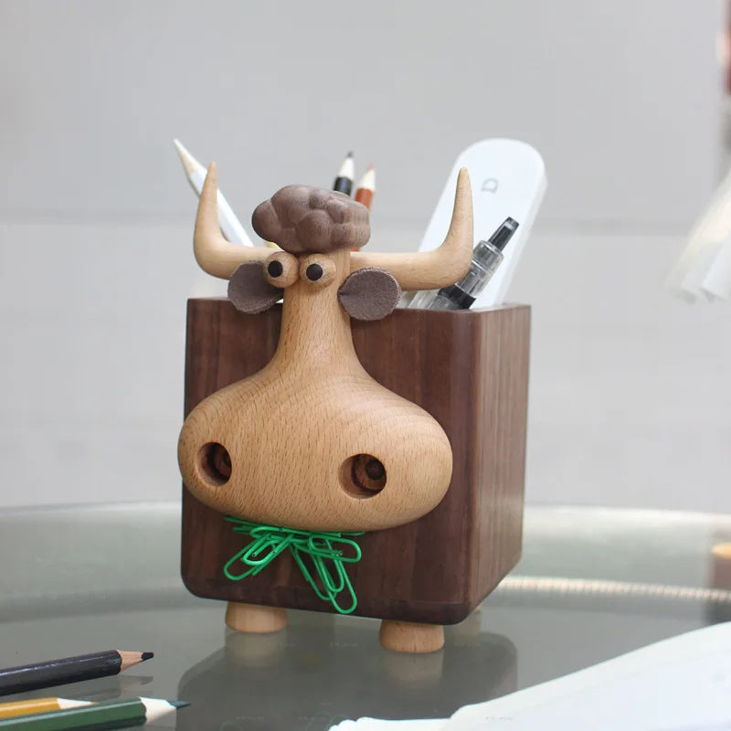 Cute Bull Shaped Wooden Pen Holder Multi-functional Desk Organizer with Magnetic Paper Clip Storage for Office & Home