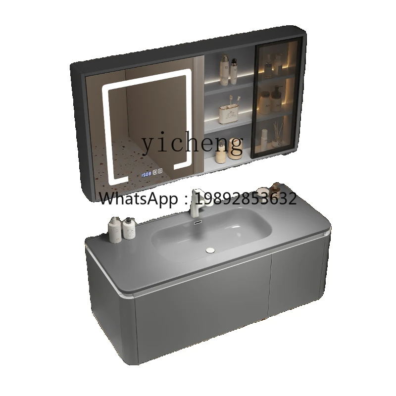 ZZZc Oak Paint Bathroom Cabinet Colorful Ceramic Whole Washbin Wash Basin Smart Mirror Cabinet