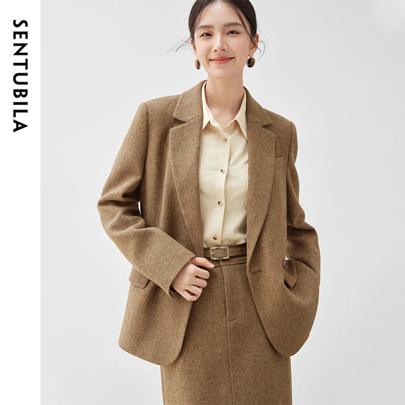 

SENTUBILA Women's Winter Wool Blazer Jacket 2024 Casual Loose Straight England Style Tailored Coat Female Outerwear 144X57016