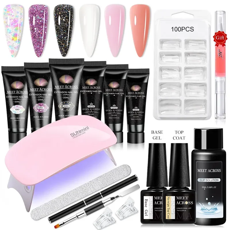 MEET ACROSS 16/12PCS Nail Extension Gel Set For Nails 20ml Extension Set Slip Solution Acrylic Gel Nail Polish Nail Art Hard Gel