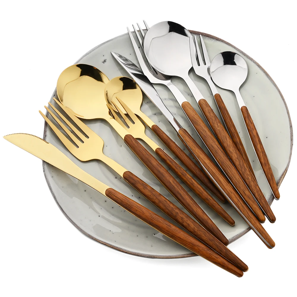 

6/30Pcs Imitation Wooden Handle Cutlery Set Stainless Steel Dinnerware Knives Cake Fork Spoon Tableware Western Mirror Flatware