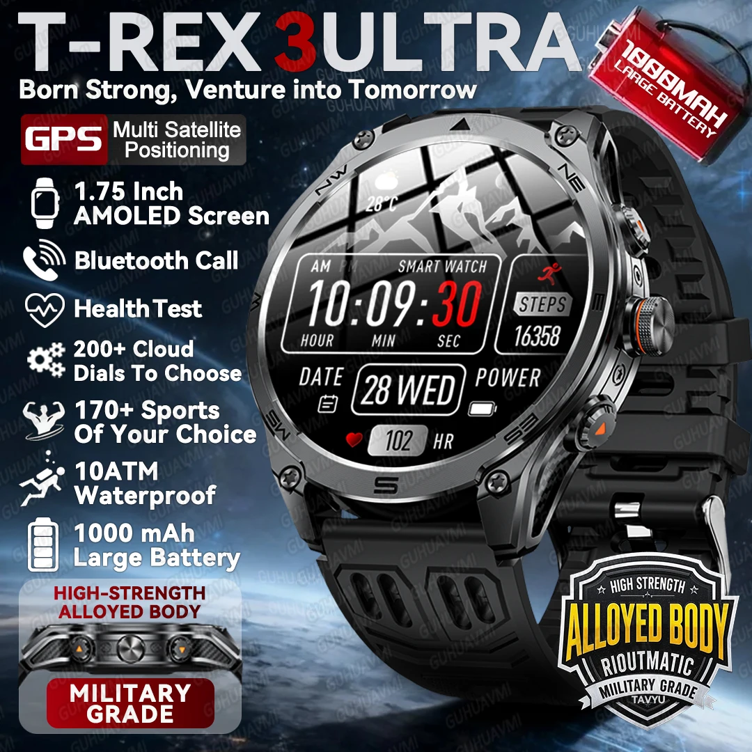 

2025 New Military GPS Smart watches 1000Mah Battery Compass 10ATM Waterproof Diving Tactics Sport Flashlight Men Smart Bracelet