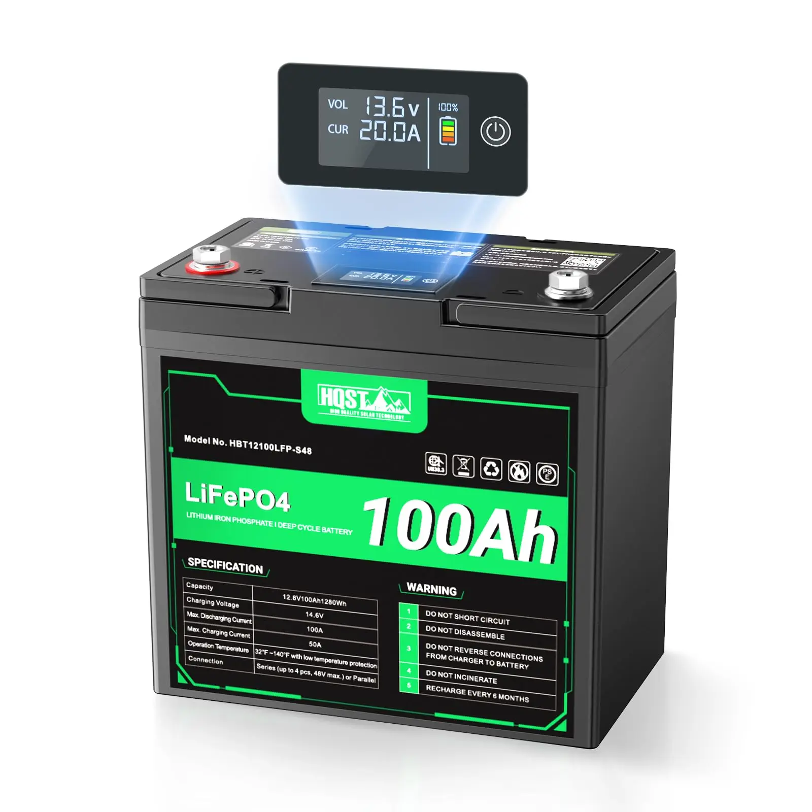 12V 100Ah LiFePO4 Battery, Group 22NF Mini, BMS, LED Meter, 1280Wh