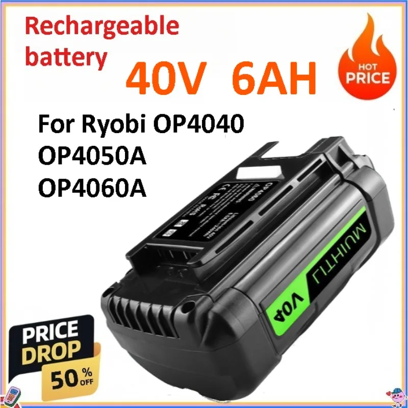 New High Power Lithium Battery 40V 6.0Ah for Ryobi OP4040 OP4050A OP4060A  Tool Battery Ryobi Lawn Mower