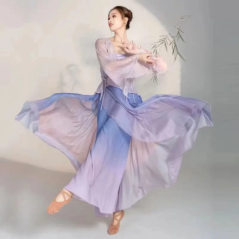 Trajes de rendimiento de danza del vientre oriental para mujer, Color degradado extremadamente elegante, estilo chino