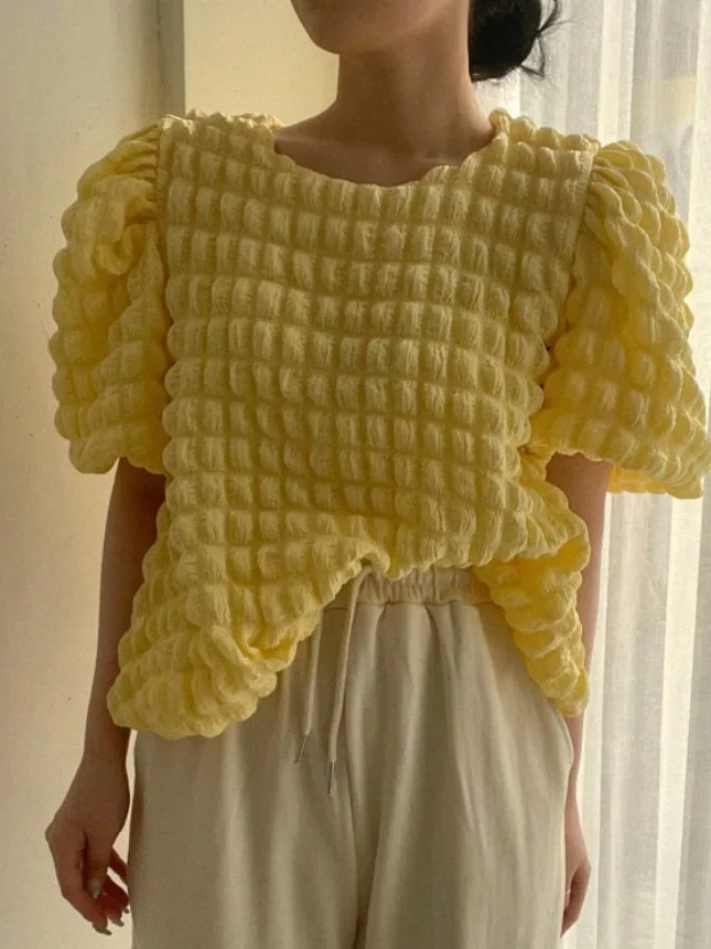 

Chic Summer Women's Loose Casual round Ne ort Sve Overhead irt Soft Versatile Bubble Sve Pure Color Commute Sle