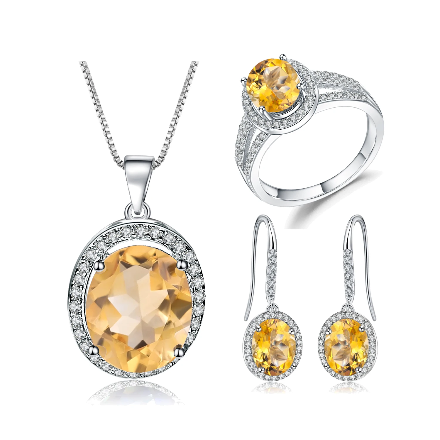 

Fine Jewelry Citrine Necklaces Rings Earrings Natural Gemstone Halo 925 Sterling Silver Citrine Jewelry Set