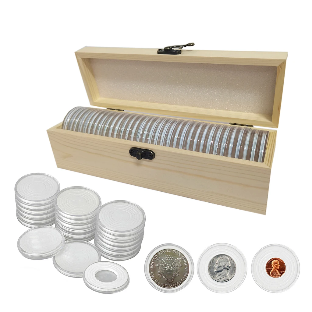 Wooden Coin Collection Box 33Pcs Coin Capsule with Adjustable Foam Gaskets for 19mm/24mm/29mm/34mm/39mm/46mm Coins Organizer