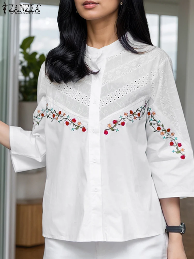

ZANZEA 2025 Fashion Floral Embroidery Shirts Elegant Women Summer Tops 3/4 Sleeve Lace Patchwork Blusas Buttons Tunic Streetwear