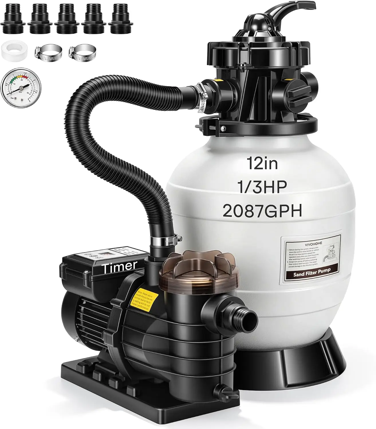 Upgraded 2087 GPH Sand Filter Pump w/Timer, Fits in/Above Ground Pool Up to 10,000 Gallons, 7-Way Valve with 28.7-Pound Sand