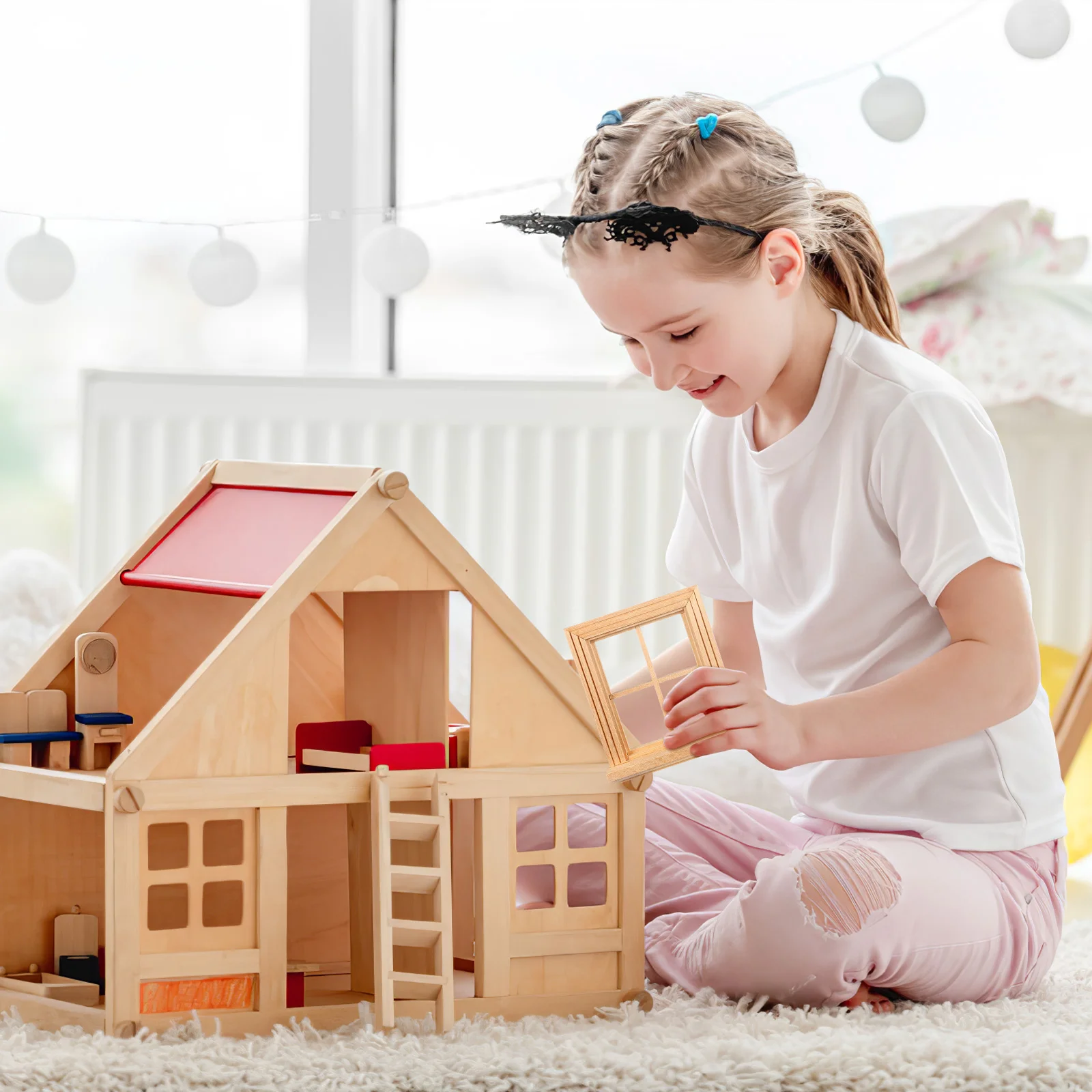 Ventana lisa de cuatro paneles, marcos de muebles en miniatura, adorno para casa, habitación de juguetes, ventanas de cuatro rejillas, modelo de madera pequeño