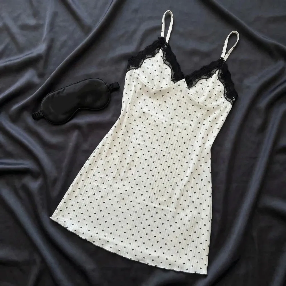 

Love Heart Print Women Heart Pajama Dress Slim Fit V Neck Suspender Lace Trim Camisole Nightdress Sleepwear Soft