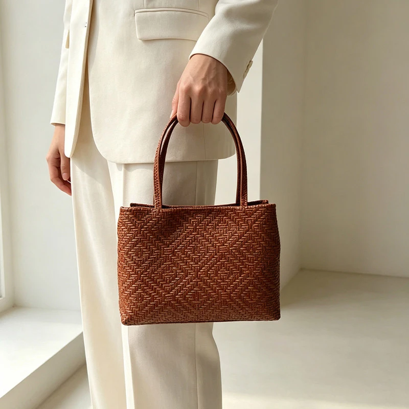 Mendy Genuine Leather Woven Pirnt Grain Tote Bag Open Top Large Capacity Shopping Commute Work Office Luxury Designer Origina view 5
