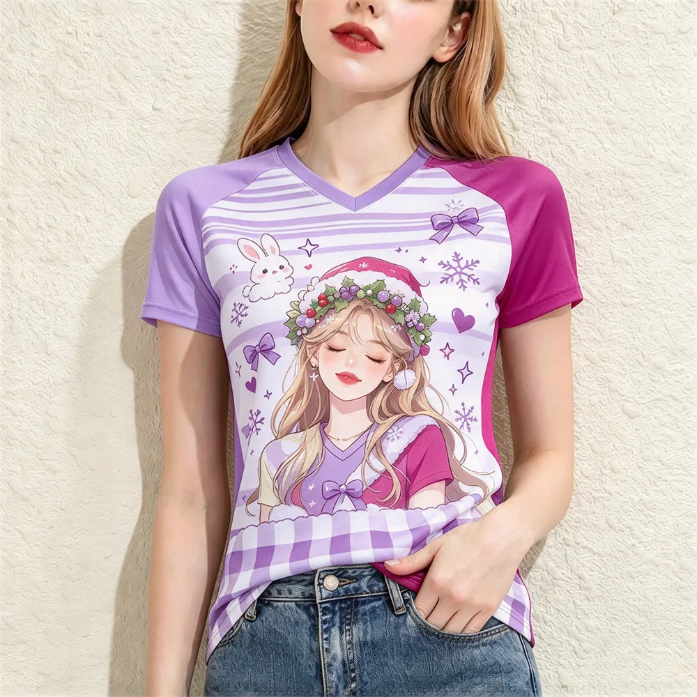Women Vintage Christmas Raglan Tee V-neck Short Sleeve Plaid Women's T-shirts Lady Santa Circus Print T-shirt Holiday Daily Tops