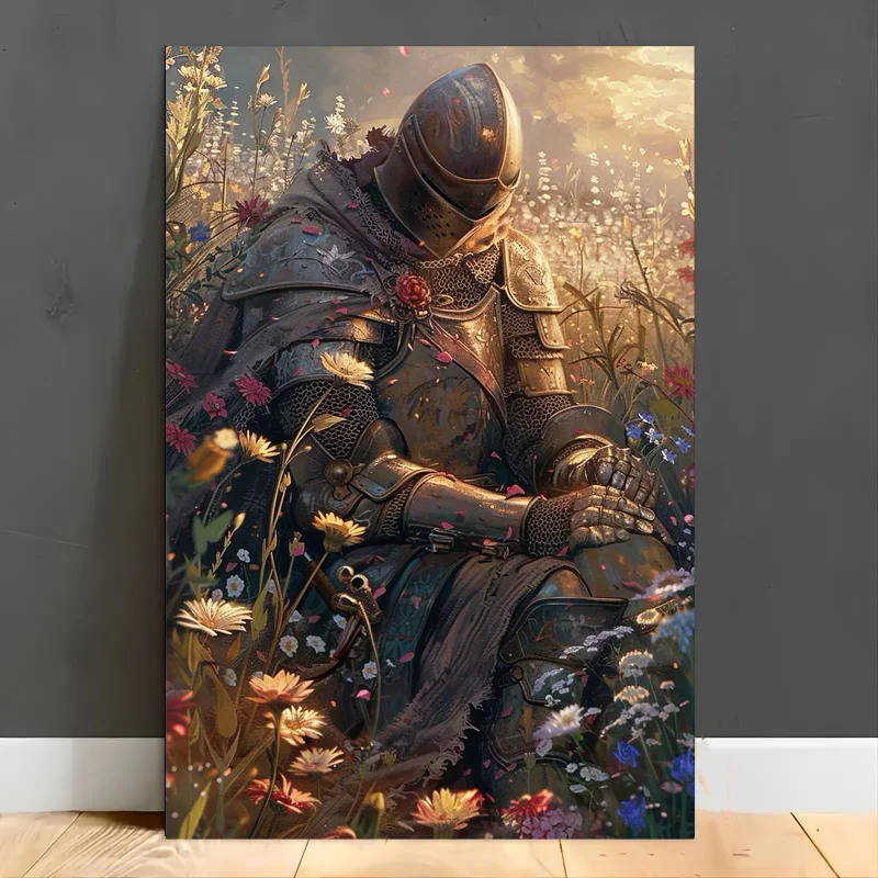 Knight in Armor Canvas Print – Floral Field Art, Medieval Fantasy Portrait, Frameless 12×18 Inches, for Home Office Decor