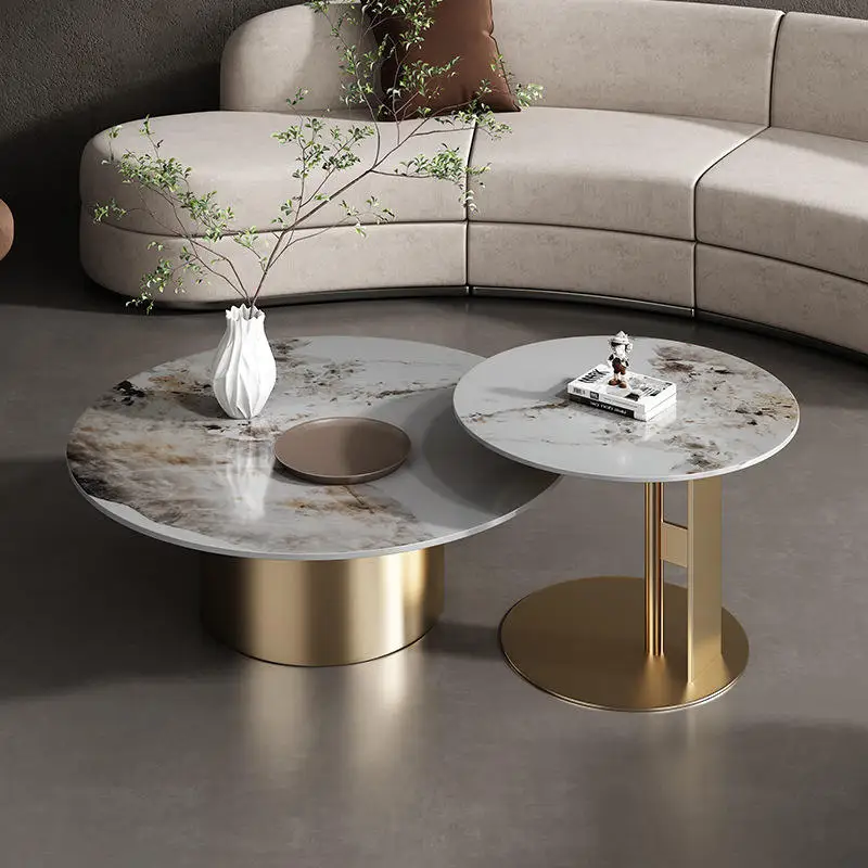 Fashion Creative Large Format Porcelain Slab Top Modern Light Luxury Designer Simple Round Gold Coffee Table Metal Coffee Tables