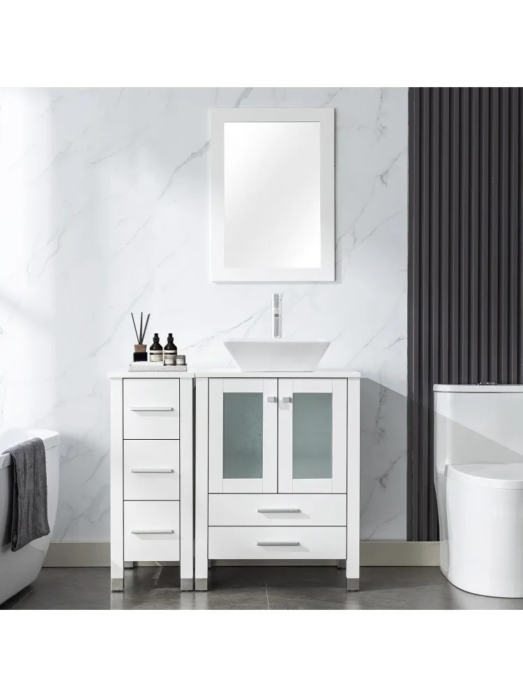 

36-дюймовый туалетный столик для ванной комнаты с раковиной, 24-дюймовый основной шкаф с боковым шкафом 12,6 дюйма, окрашенный шкаф для хранения в ванной комнате