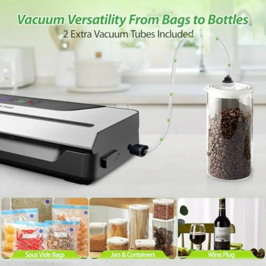 90Kpa Vacuum Sealer for Food Storage in Kitchen 10in1 Food Vacuum Sealer Machine with Mason Jar Kits Builtin Cutter Digital Tim