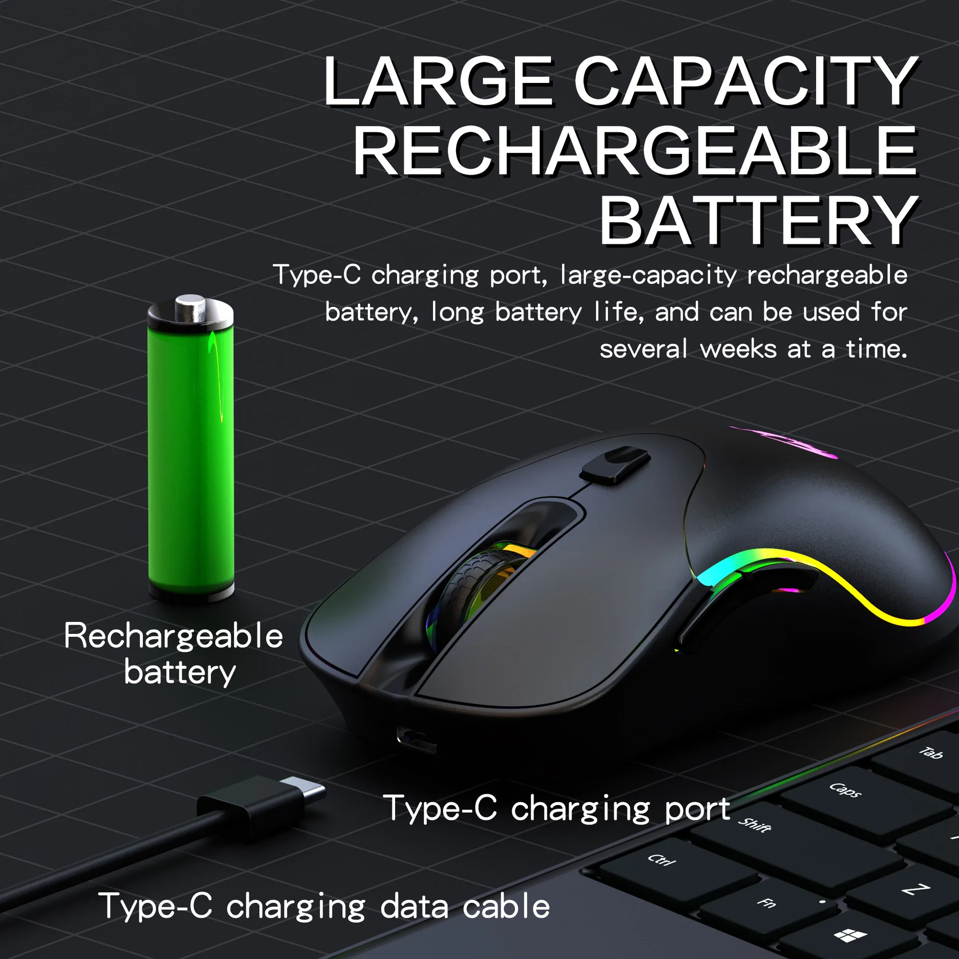 2.4G Rechargeable Wireless Charging Gaming Mouse, 7‑Color Colorful Glowing LED Light, Ergonomic Wireless Mice for PC Laptop