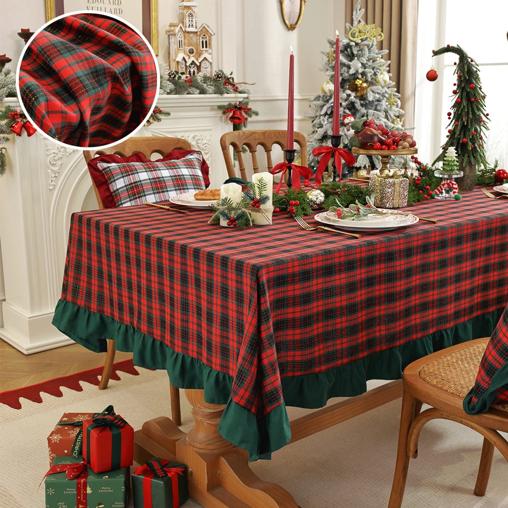 Christmas Decorative Tablecloth Cover Yarn-Dyed Polyester-Cotton Table Cloth Lotus Leaf Red Green Plaid Color Tablecloths