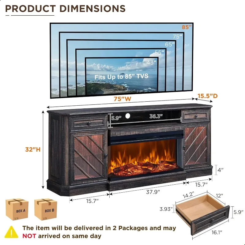 75-inch 3-sided Electric Fireplace TV Stand with 36-inch Fireplace and LED Lights, Wide Drawers and Glass Door Locker