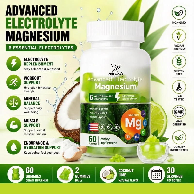 DHOP Advanced Electrolyte Magnesium Gummies with Vitamins C, B6 & B12, 6 Electrolytes for Workout & Muscle Support, 60 Gummies