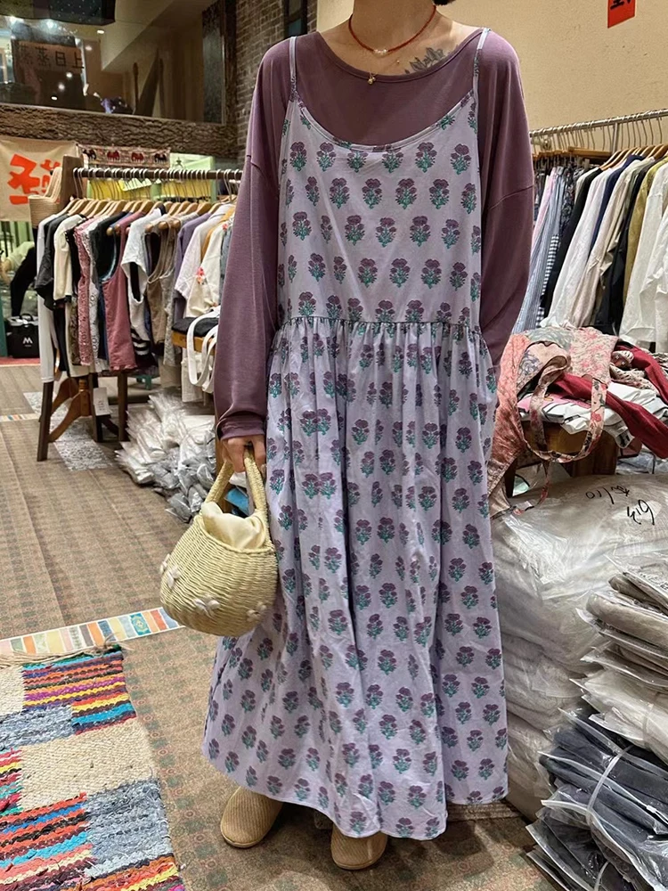 

Summer Vintage plus Size Women's Dr Purple Pink Floral Print Strap Long A-Line Gown Retro Sle plus Size Ladies Skirt