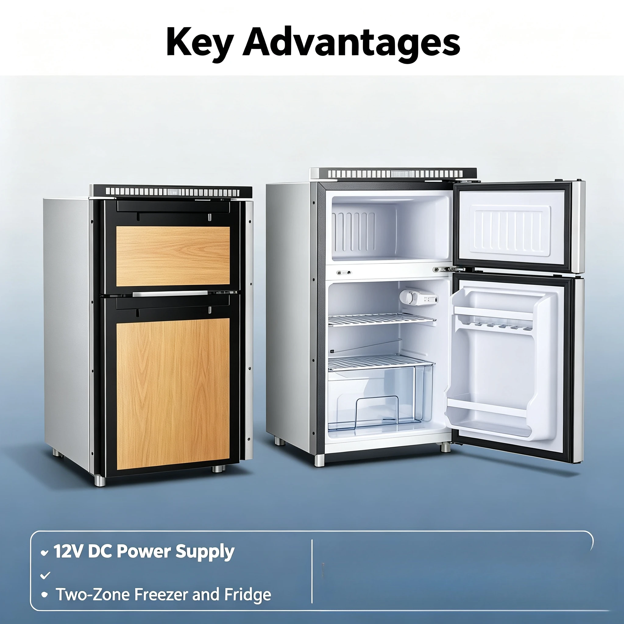 DC-Kompressor-Wohnmobilkühlschrank 12V/24V/48V, solarbetriebener Kühlschrank-Gefrierschrank speziell für Camper, Yacht, Wohnwagen, netzunabhängige Reisen