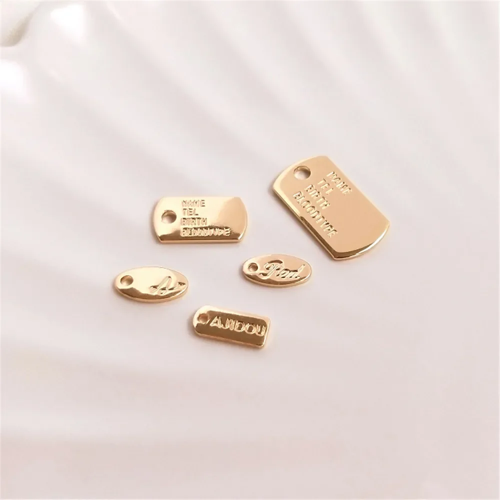 14K Gold Color Engraved letter label small hanging tag rectangular oval small pendant DIY bracelet ornaments hanging