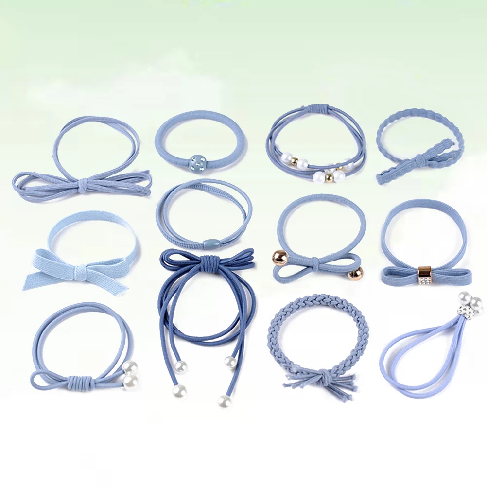 12pcs Pretty Hair Ties Curly Hair Ponytails Pigtails Holder Elastic Rubber Band in Different Style(Light Blue)