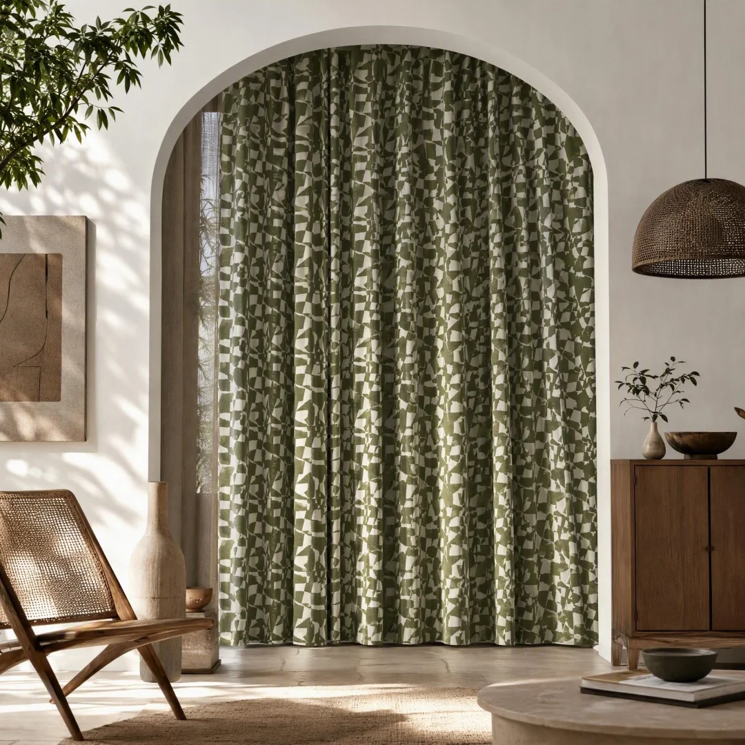 Dark Green Geometric Linen Curtains, Retro Abstract Block Print Window Drapes, Light Filtering Curtain for Living Room Bedroom