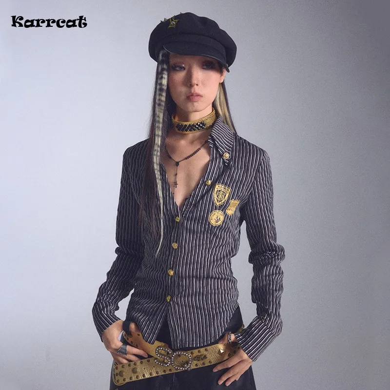 Karrcat Grunge Aesthetics Gold Foil Print Shirt Vintage Y2k V-neck Striped Shirt Trashy 2000s Style Slim Blouses Harajuku Retro