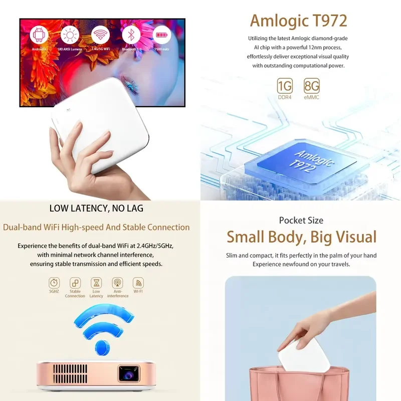 Proyector S-180 4K 1080P Video WIFI Smart LED DLP, Proyector Android Portátil para Cine en Casa, Mini Proyector de Bolsillo