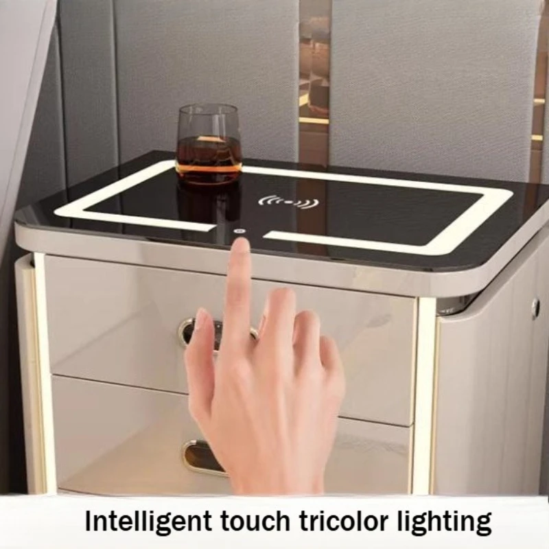 Multifunction Fashion Bedside Table With Charging Station Wooden Nightstands Touch Control Dimmable Tricolor Lamp Furniture Home