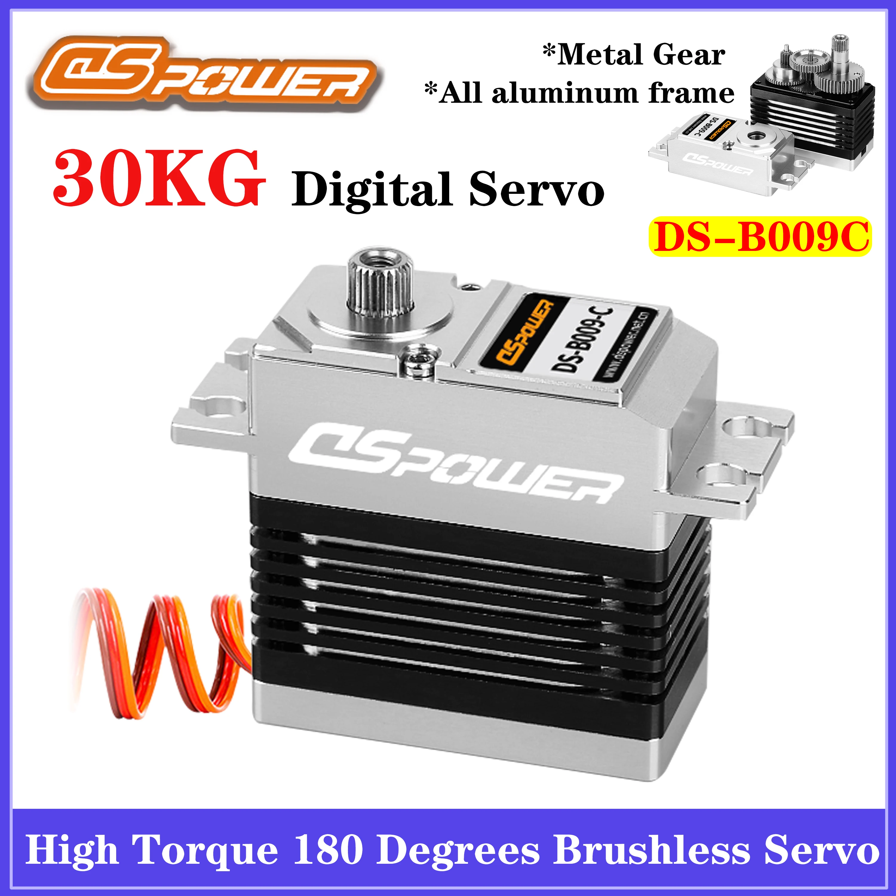 

DSpower 30KG High Torque Metal Gear Brushless Digital Servo 180 Degrees All Aluminum Frame for 1/8 1/10 RC Car Truck Robot Model