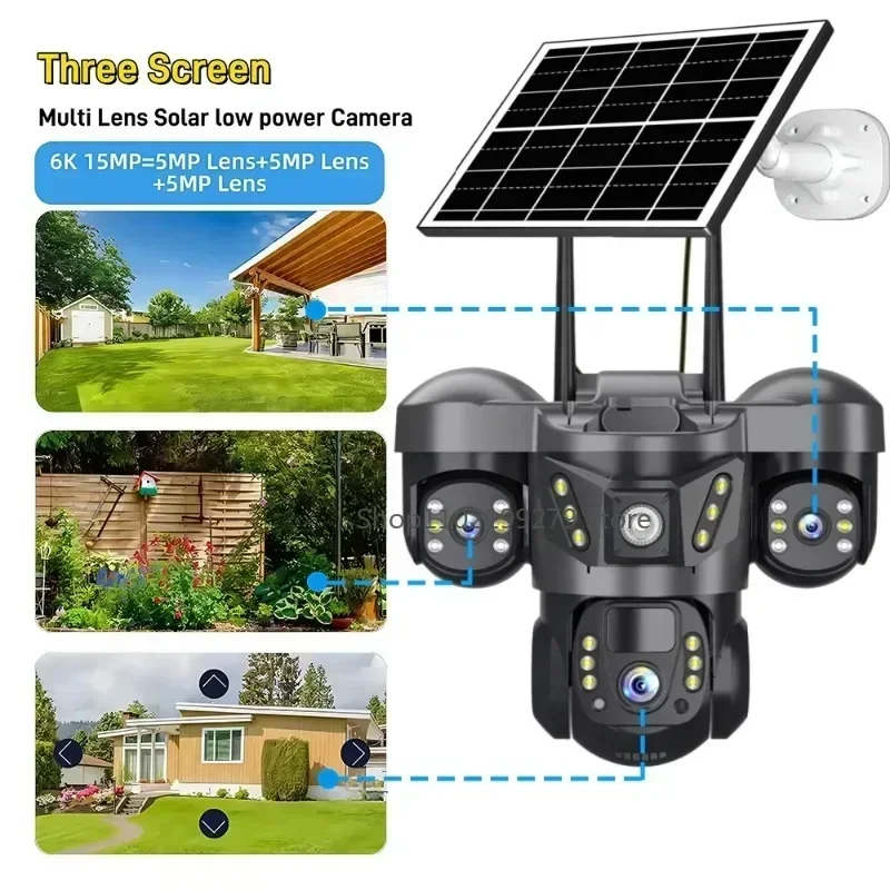 Solar 4G/WIFI IP Camera 15MP Three Lens Three Screen  Waterproof Monitor Night Vision Security Protection PTZ Video Surveillance