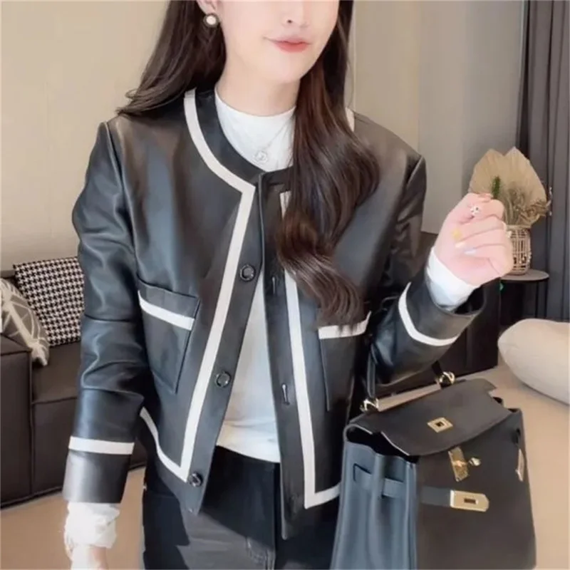 لينة بولي Leather الجلود دراجة نارية معطف للنساء ، قصيرة رقيقة الإناث سترة ، أسود أبلى ، زر الزي ، الموضة ، الربيع ، الخريف ، 2023