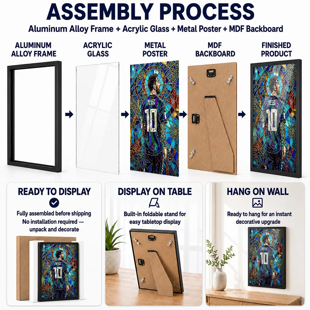 Lionel Messi Stained Glass Framed Aluminum Metal Poster Personalized Mosaic Style Wall Art For Games Room, Football Fan Gift