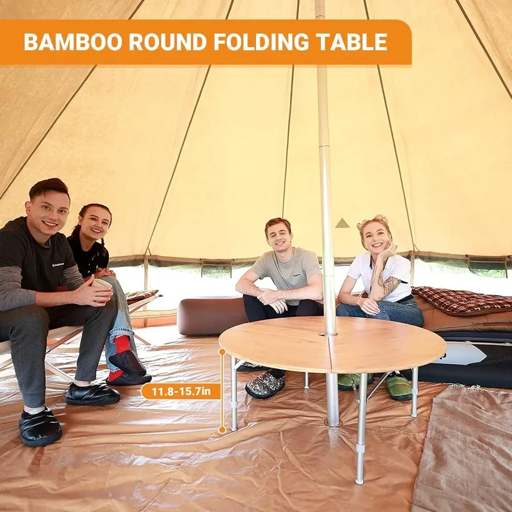 Runder Klapptisch, Campingtisch für Tipi-Glockenzelt, 3-fach tragbarer Campingtisch mit robustem, höhenverstellbarem Aluminiumbein