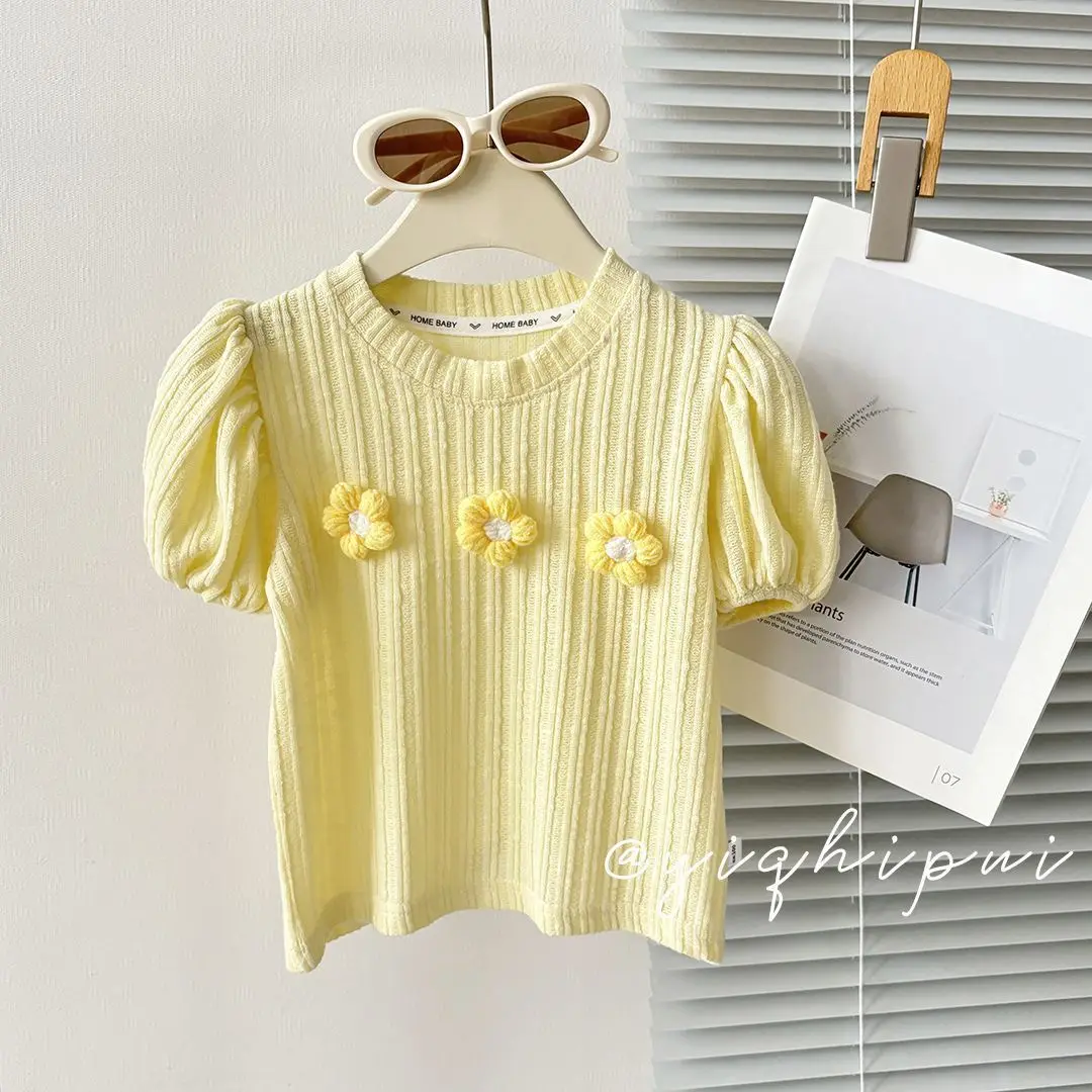 Girls 2026 Summer Fashion New Short-Sleeve Puff Sleeve Lightweight Stylish Top Half-Sleeve Childrens T-Shirt