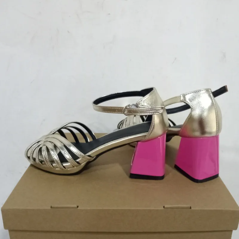 Women's Gold Sandals Ankle Strap Block Heel Peep Toe Party Shoes image 6