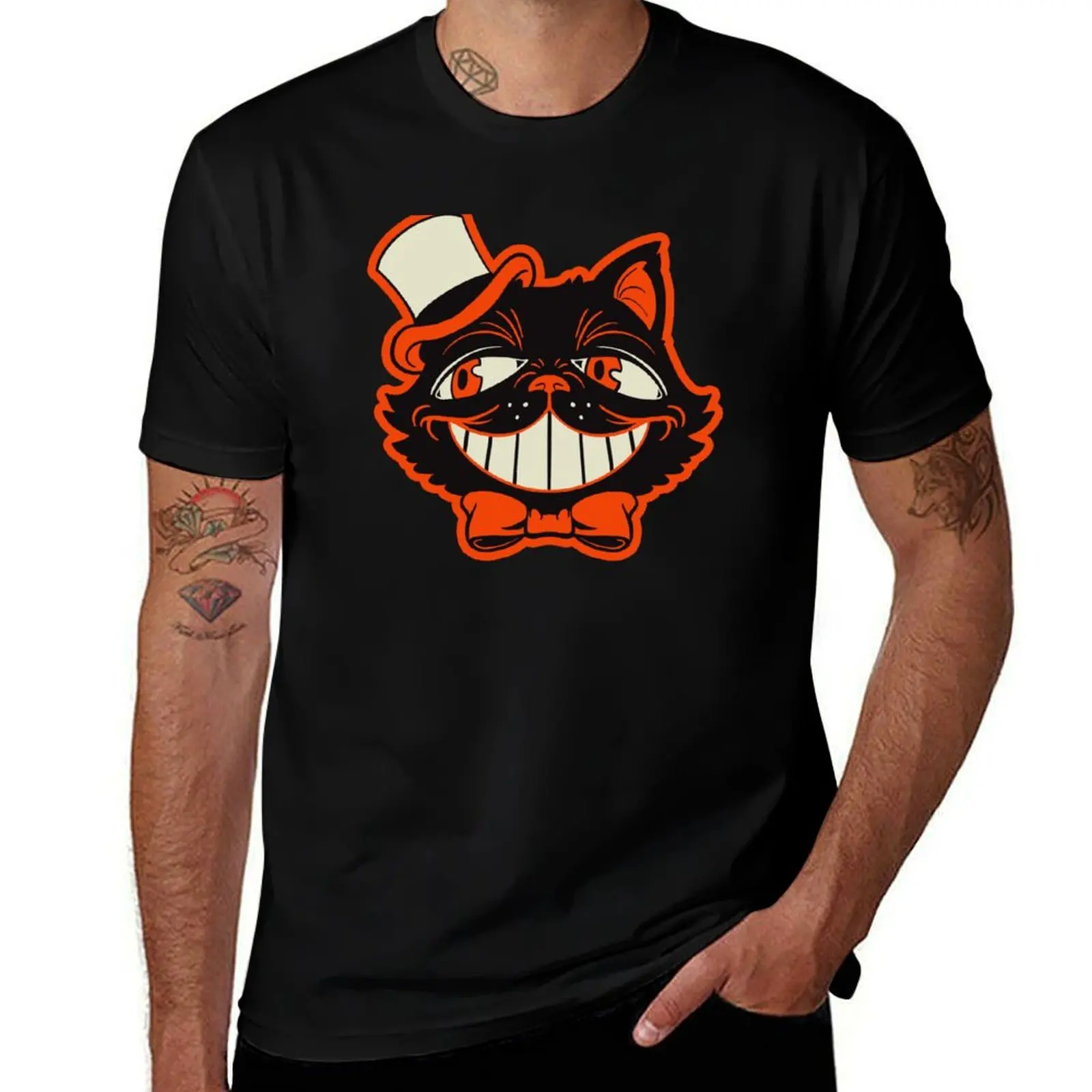 Retro Vintage Halloween Dandy Black Cat Grinning Face with Top Hat T-Shirt man t shirt designer T-Shirt