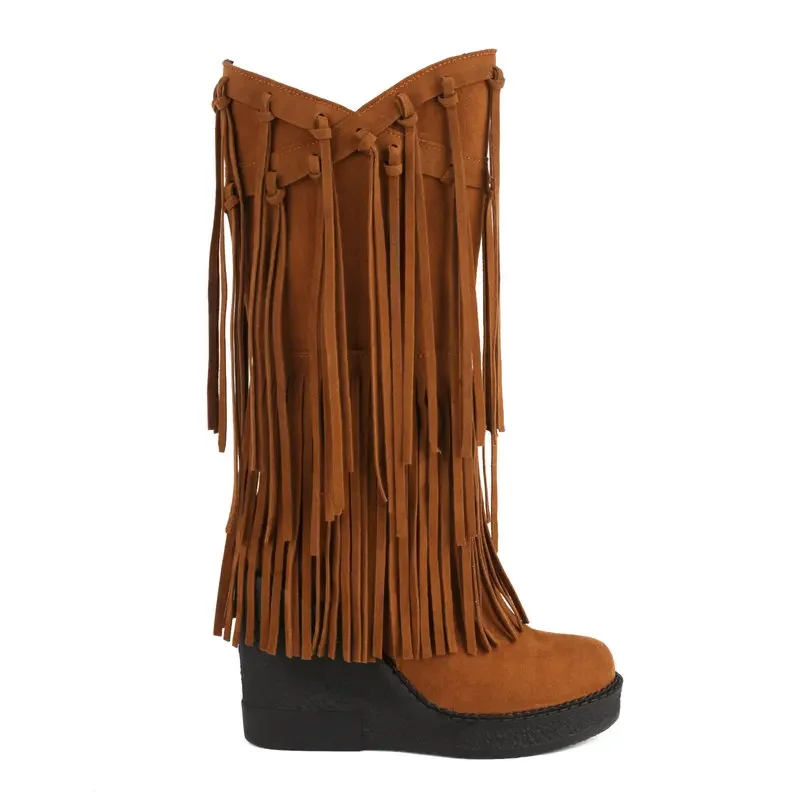 

Faux Suede Nubuck Wedges High Heels Platform Women Shoes Round Toe Mid-calf Western American Cowboy Fringed Boots With Tassels