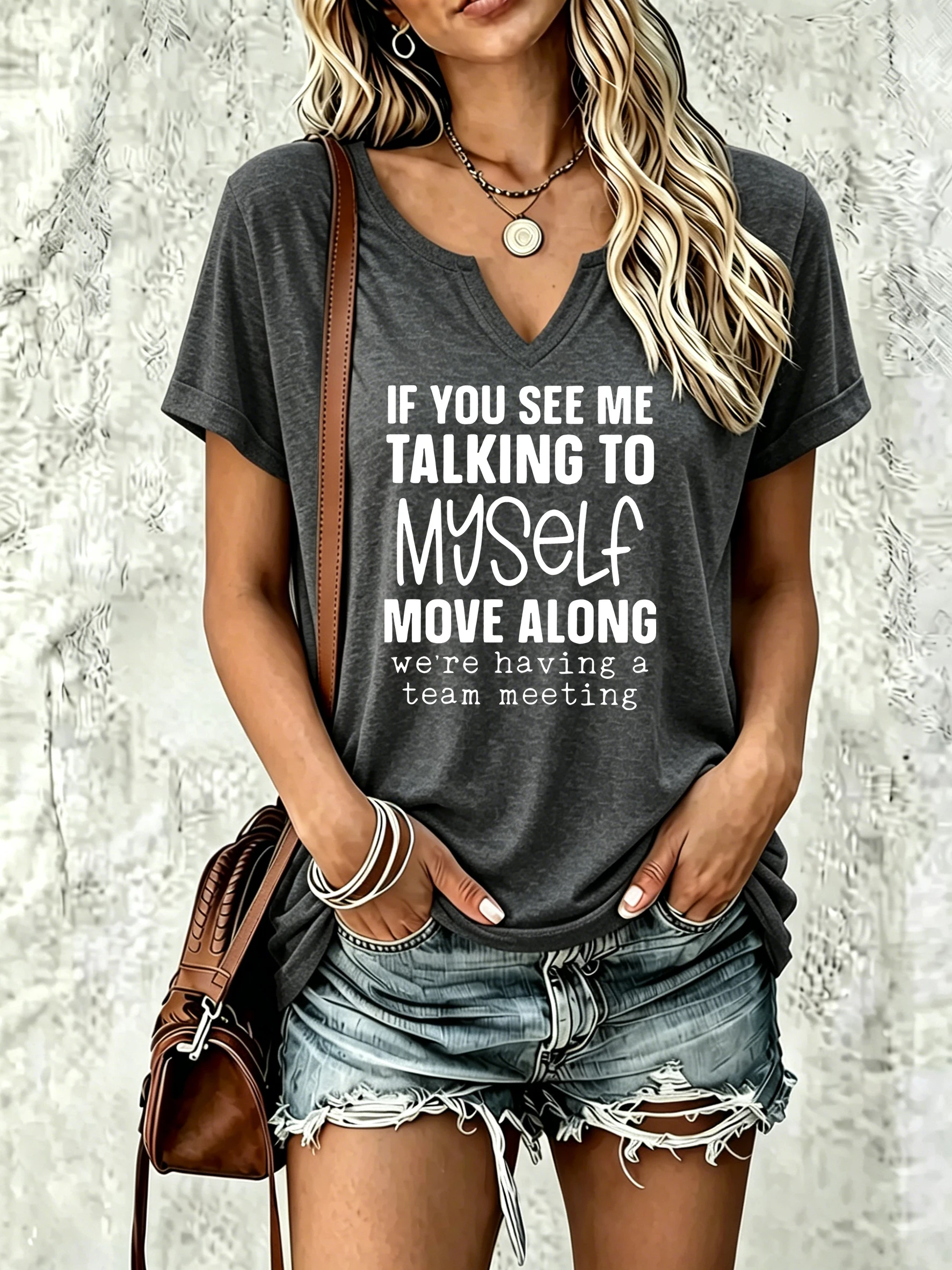Women Summer V Neck T-shirt, Funny Team Meeting Slogan Letter Print, Soft Casual Humor Daily Basic Tee for Ladies
