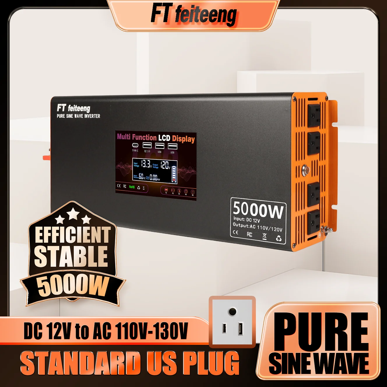 

FT Feiteeng 5000W Pure Sine Wave Solar Power Inverter 12V to 110V AC,US Plug - for Off-Grid Cabin, Emergency Medical Equipment